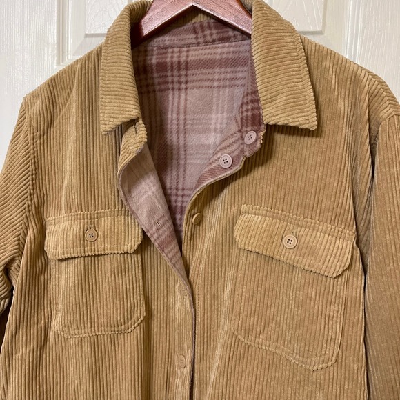 Love Tree Women's Tan Corduroy Pink Flannel Reversible Shacket Pockets XL - Picture 3 of 7